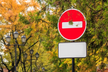 traffic stop sign on a background of conifet and yellowed autumn tree with street lantern out of focus. message: stop the fall, I want summerの写真素材