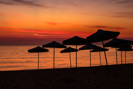 silhouettes of umbrellas on an empty beach at dawn sky backgroundの写真素材
