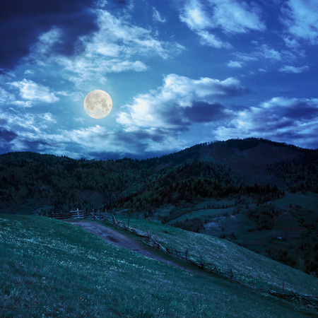 summer landscape. fence near the meadow path to village on the hillside. forest with lumber on the mountain at night in full moon lightの写真素材