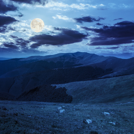 white sharp stones on the hillside of mountain range at night in full moon lightの写真素材