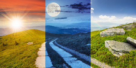 day and night collage of composite panorama Landscape with road on a hillside with huge stones and conifer trees  near mountain peakの写真素材