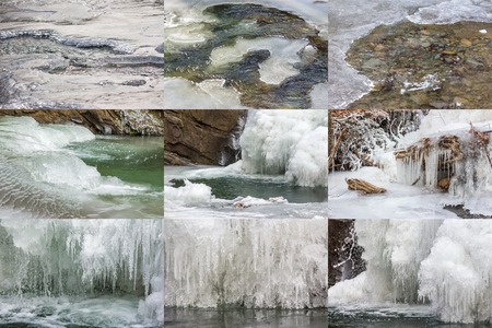 collection of ice and water textures on frozen mountain riverの写真素材