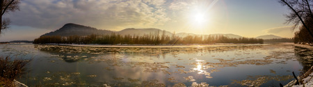 frozen river among conifer forest with snow on the ground in carpathian mountains