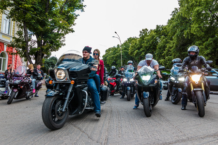 UZHGOROD - JULY 9: Music Bike festival on July 9, 2016 in Uzhgorod Ukraine. Opening of Music Bike Ukraine festival on Petefi Squareのeditorial素材