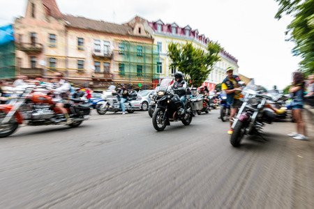 UZHGOROD - JULY 9: Music Bike festival on July 9, 2016 in Uzhgorod Ukraine. Opening of Music Bike Ukraine festival on Petefi Squareのeditorial素材