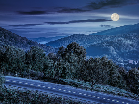 few trees on a hill side meadow near the mountain asphalt road at night in full moon lightの写真素材