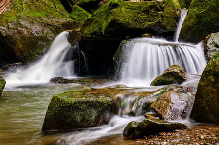 small cascades on the forest river among huge bouders covered with mossの写真素材