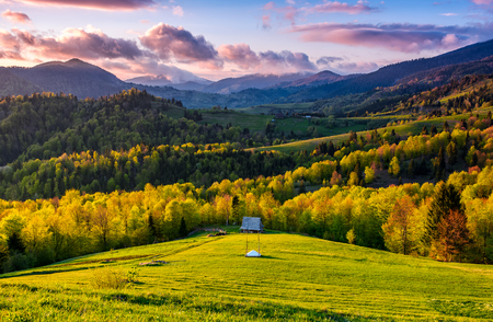 mountain rural area in springtime. agricultural fields on hills with forest. beautiful and vivid countryside landscape with cloudy sky at sunset.の写真素材