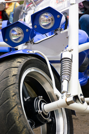 close up details of blue trike with chrome partsの写真素材