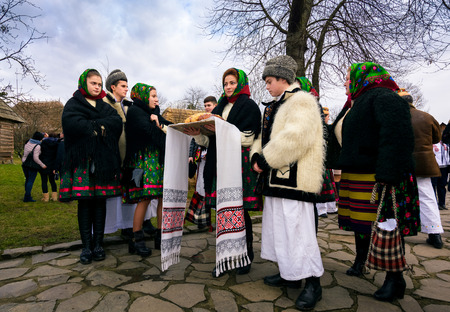 Uzhgorod, Ukraine - Jan 13, 2018: Vasylya festival celebrating in Museum of Folk Architecture and...