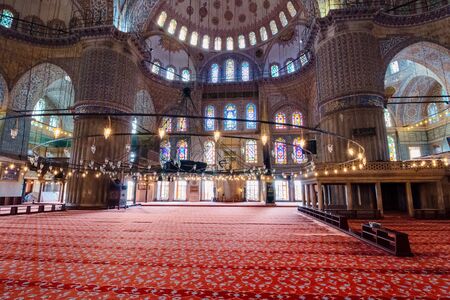 istanbul, turkey - AUG 18, 2015: inside interior of blue mosque also known as sultan ahmed....