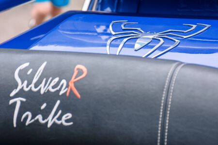 Uzhgorod, Ukraine - JUL 09, 2016: silverR trike detail shots. beautiful custom three wheel motorcycle in blue colorのeditorial素材