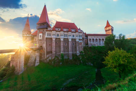 legendary corvins castle in hunedoara at sunrise. one of the largest in europe and is in a list of seven wonders of romania. most visited travel destination of transylvaniaのeditorial素材