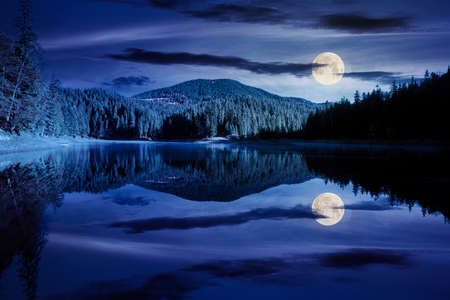 mountain lake among the forest at night. trees in colorful foliage. beautiful landscape in autumn full moon light. clouds and sky reflecting in the waterの写真素材