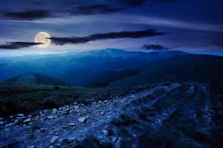 mountain road through grassy meadow at night. wonderful summer adventure in full moon light. clouds...
