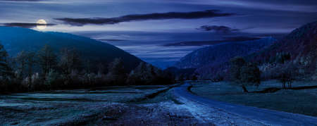 road winding through the country valley at night. wonderful autumn landscape in mountains in fool moon light. forest on hills in colorful foliageの写真素材