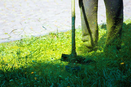 cutting lush green grass in the park. beautiful nature background. lawn care work in progress...