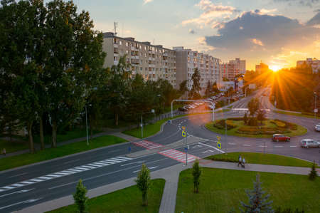 poprad, slovakia - AUG 26, 2016: cityscape of slovakian town in tatra mountans at sunset. popular...