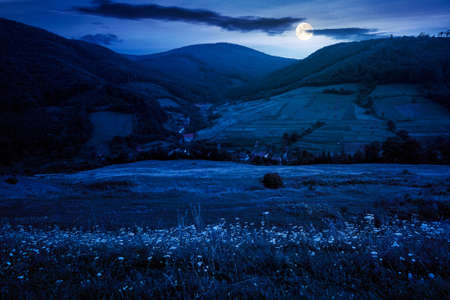 mountainous countryside landscape at night. pastures and rural fields near the forest on the hills....