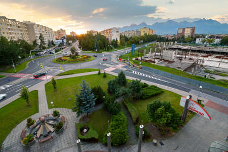 poprad, slovakia - AUG 26, 2016: cityscape of slovakian town in tatra mountans at sunset. popular travel destinationのeditorial素材