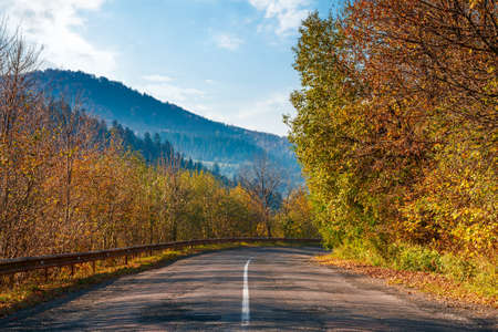 old country road in mountains. trees in colorful foliage in morning light along the serpentine curve. sunny weather with clouds on the sky above the distant rangeの写真素材