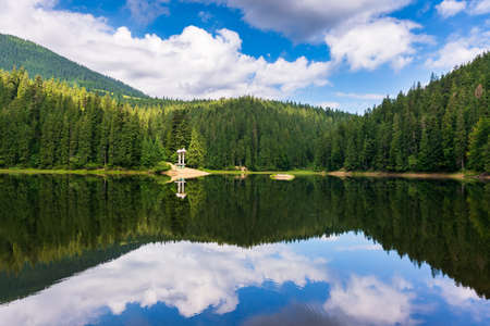 landscape with mountain lake in summer. forest and cloud reflection in the water. scenic travel background of synevyr national park, ukraine. beautiful nature scenery. green outdoor environmentの写真素材