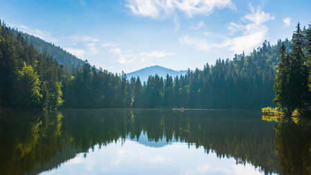 mountain landscape with lake in summer. beautiful forest scenery around the water. scenic travel background of synevyr national park, ukraine. green outdoor nature environmentの写真素材