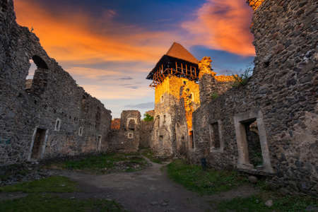 tower of the nevytske castle. ruins of ancient fortress in evening light. popular travel destination of ukraineの写真素材