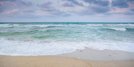 landscape at the sea in the evening. green sea water. waves washing the shore. stormy weather...