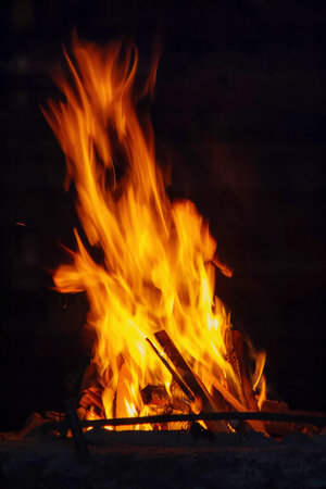 burning hot fireplace. high flames background. cooking on open fire conceptの写真素材