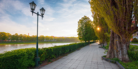 embankment lanterns in morning light. street of the uzhhorod town in summerの写真素材