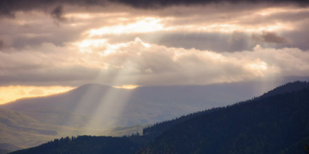 scenery with hills and meadows on a cloudy evening in spring. mountainous rural area of ukraine. stunning countryside background at sunsetの写真素材