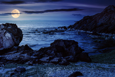 number of stones and rock on the sandy sea coast at night. seaweed lie on the sand made ââby the storm in full moon lightの写真素材