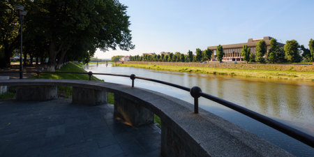 river waterfront in morning light. downtown of uzhhorod, ukraine. popular travel destinationの写真素材