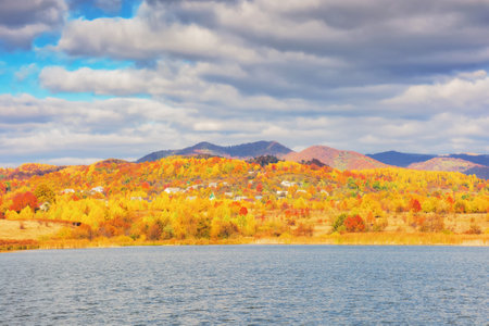 forest in bright fall colors on the shore of a lake. mountainous landscape on a sunny day with grey...
