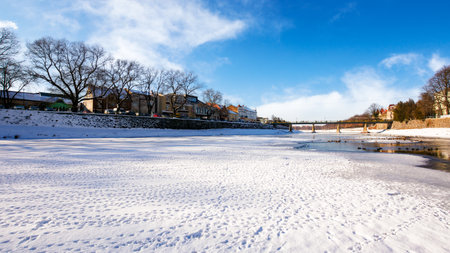 uzhgorod, ukraine - 19 JAN 2017: urban landscape with frozen river on a sunny day. ducks on the water. buildings behind the leafless trees. downtown scenery with pedestrian bridge in the diのeditorial素材