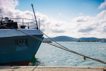 sozopol, bulgaria - 05 sep 2019: trawler moored in the port. sunny weather with clouds on the skyのeditorial素材
