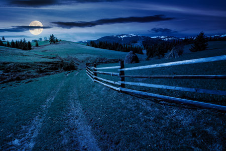 carpathian countryside scenery in spring at night. mountainous rural landscape with path through the meadow and haystack behind the wooden fence in full moon light. fir forest on the grassy hill in the distanceの写真素材