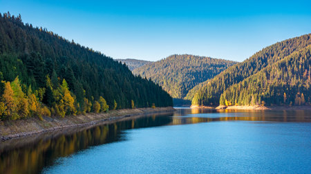 mountainous landscape with lake in autumn. romania countryside in fall season early morning. lacul tarnita water reservoir in cluj county. sunny weatherの写真素材
