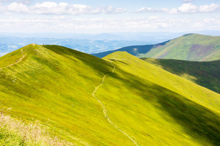 green mountain landscape with rolling hills. spectacular steep slope. beautiful view of borzhava ridge on a sunny day. wide open vista of recreation place in transcarpathia in ukraineの写真素材
