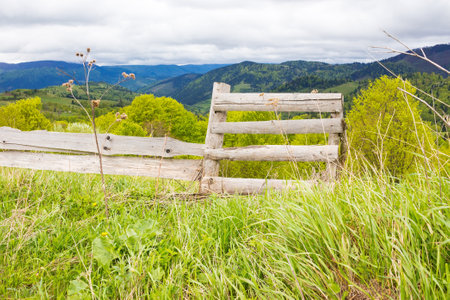 wooden fence near meadow on the hill. mountainous rural landscape of transcarpathia in spring. beautiful view of countryside with grass on field and forested on hillside beneath a cloudy skyの写真素材