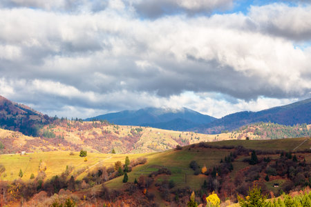 beautiful mountain countryside landscape in autumn. sky with clouds. picturesque nature of ukraine alps and woods. sunny day. tranquil wallpaper with remote alpine hillsideの写真素材