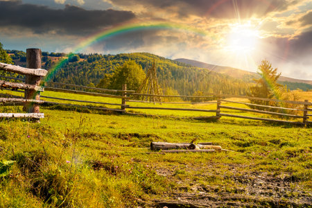 mountainous rural landscape in autumn at sunset. wooden fence near the path through grassy meadow on the hillside. scenery with fir forest on the mountains in evening light under sky with cloudsの写真素材