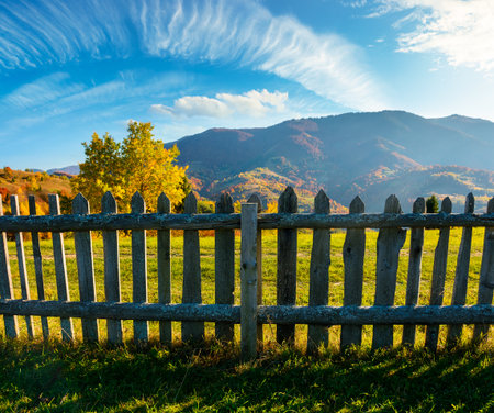 mountainous rural landscape of ukraine in autumn. field behind the wooden fence. sunny afternoon. transcarpathia scenery in fall season. forest on the hill. ridge in the distanceの写真素材