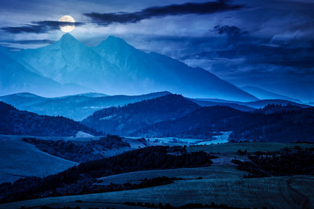 Rural landscape with fields and forest at the foot of mountains at night in full moon light.の写真素材