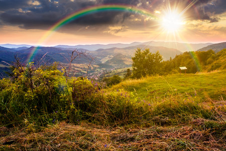 morning landscape of mountains in summer at sunset. rural valley in evening light. beauty of countryside under rainbow. organic hay field green environment concept. stunning place in national parkの写真素材