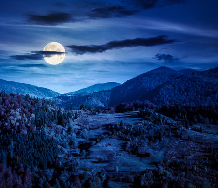 rural area in mountains autumn landscape at night. beautiful countryside scenery with rolling hills under dark sky in full moon light. backdrop for fiction art or mystery conceptsの写真素材