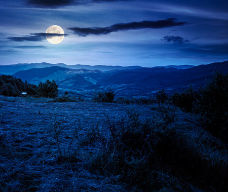 landscape of mountains in summer at night. rural valley in full moon light. beauty of countryside. organic hay field green environment concept. stunning place in national park.の写真素材