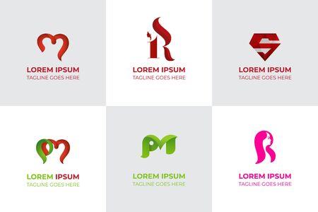 Pm letter, s letter, r letter based theme, stylish girl, logo set vectorのイラスト素材