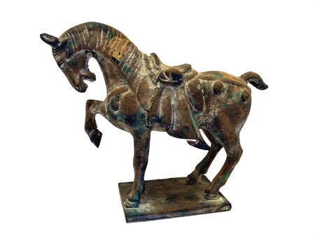 Isolated antique bronze Chinese war horse figure with saddle on stand with white backgroundの写真素材